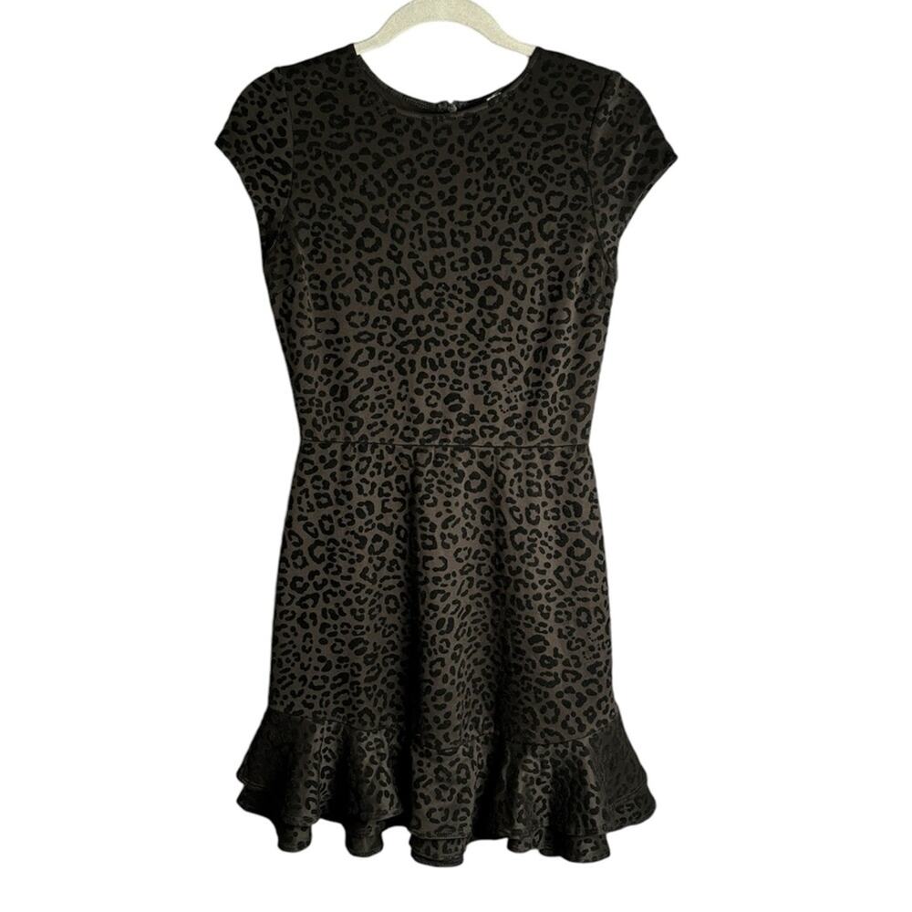 Slate & Willow Black Leopard Crushed Velvet Ruffle Hemline Dress Large